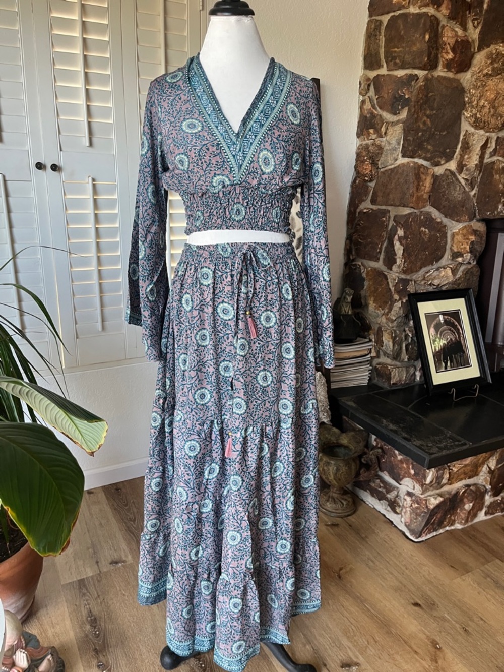 ✨ Bohemian 2-Piece Set | Flowing Maxi Skirt & Crop Top | Dusty Rose + Teal ✨